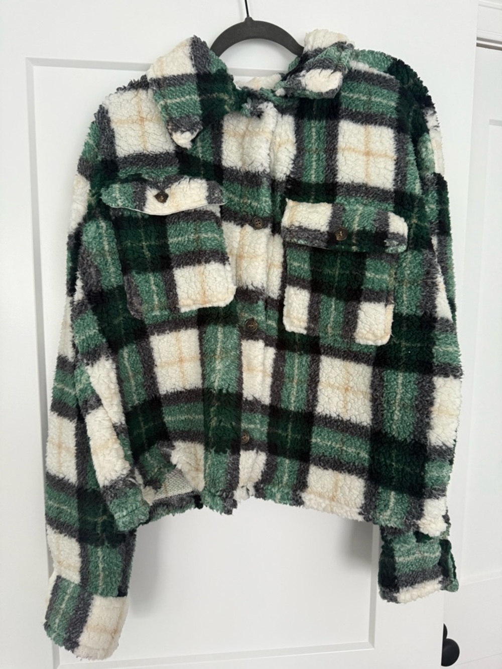Green & White Plaid Sherpa Button-Up Jacket
